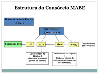 Estrutura do Consórcio MABEUniversidade da Flórida  (Líder)Comitê Gestor(governança)  Coordenador do Objetivo1 (Elaborarplanos de gestão de bacias)Coordenador do Objetivo2 (Elaborarplanos de mitigação dos impactos das Estradas)WHRCUFIPAMSOSSociedade CivilOrganizações consorciadas