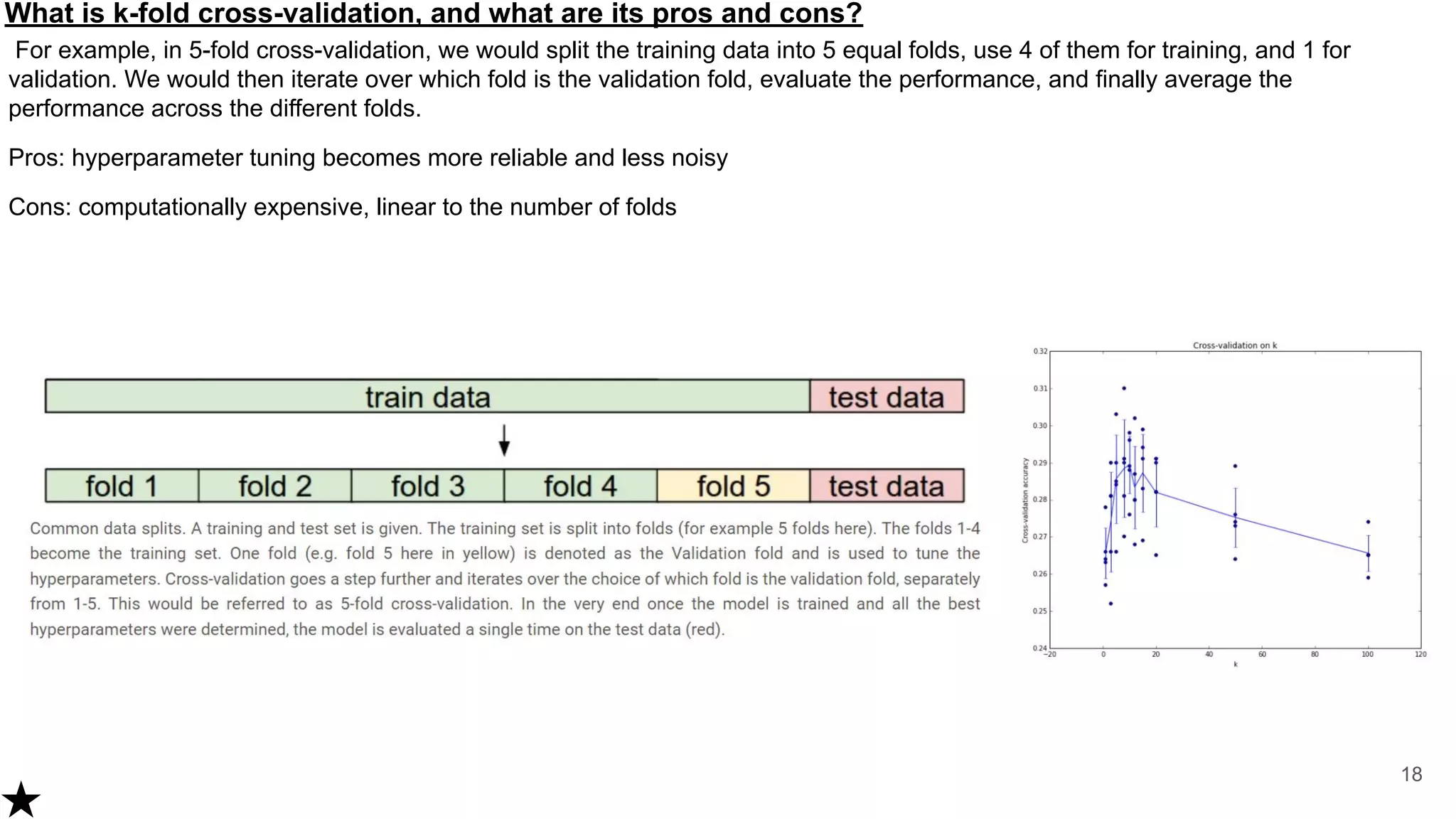 What is k-fold cross-validation, and what are its pros and cons?
For example, in 5-fold cross-validation, we would split the training data into 5 equal folds, use 4 of them for training, and 1 for
validation. We would then iterate over which fold is the validation fold, evaluate the performance, and finally average the
performance across the different folds.
Pros: hyperparameter tuning becomes more reliable and less noisy
Cons: computationally expensive, linear to the number of folds
18
 