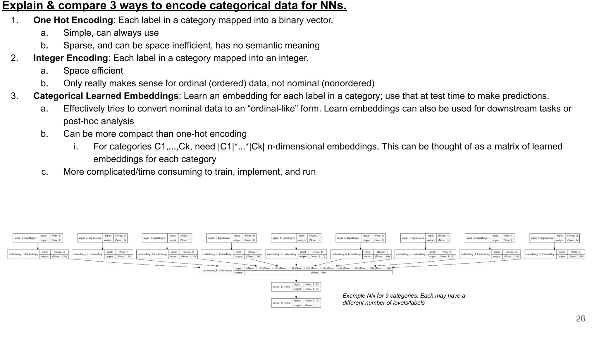 Explain & compare 3 ways to encode categorical data for NNs.
1. One Hot Encoding: Each label in a category mapped into a binary vector.
a. Simple, can always use
b. Sparse, and can be space inefficient, has no semantic meaning
2. Integer Encoding: Each label in a category mapped into an integer.
a. Space efficient
b. Only really makes sense for ordinal (ordered) data, not nominal (nonordered)
3. Categorical Learned Embeddings: Learn an embedding for each label in a category; use that at test time to make predictions.
a. Effectively tries to convert nominal data to an “ordinal-like” form. Learn embeddings can also be used for downstream tasks or
post-hoc analysis
b. Can be more compact than one-hot encoding
i. For categories C1,...,Ck, need |C1|*...*|Ck| n-dimensional embeddings. This can be thought of as a matrix of learned
embeddings for each category
c. More complicated/time consuming to train, implement, and run
26
Example NN for 9 categories. Each may have a
different number of levels/labels
 