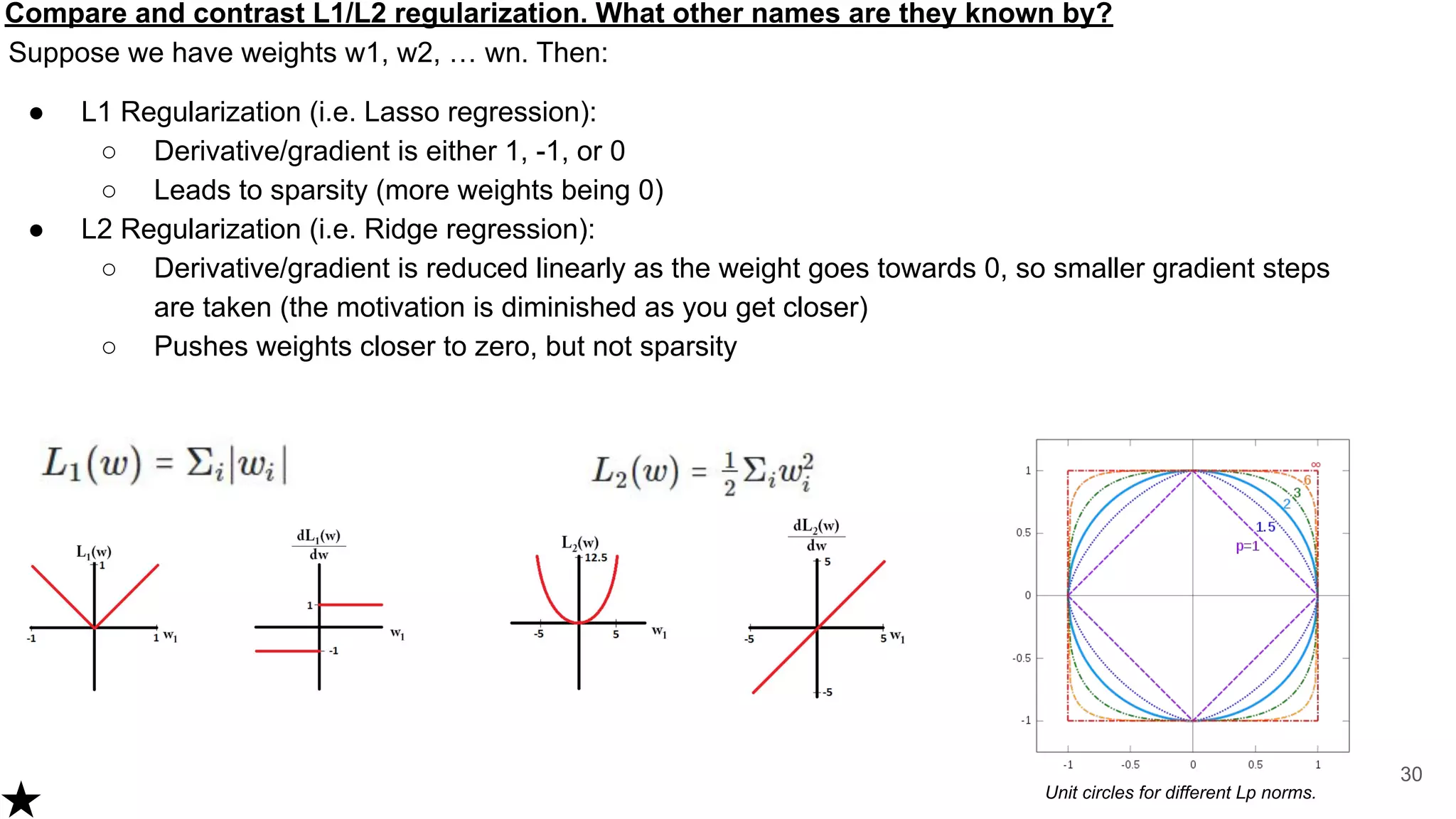 Compare and contrast L1/L2 regularization. What other names are they known by?
Suppose we have weights w1, w2, … wn. Then:
● L1 Regularization (i.e. Lasso regression):
○ Derivative/gradient is either 1, -1, or 0
○ Leads to sparsity (more weights being 0)
● L2 Regularization (i.e. Ridge regression):
○ Derivative/gradient is reduced linearly as the weight goes towards 0, so smaller gradient steps
are taken (the motivation is diminished as you get closer)
○ Pushes weights closer to zero, but not sparsity
30
Unit circles for different Lp norms.
 