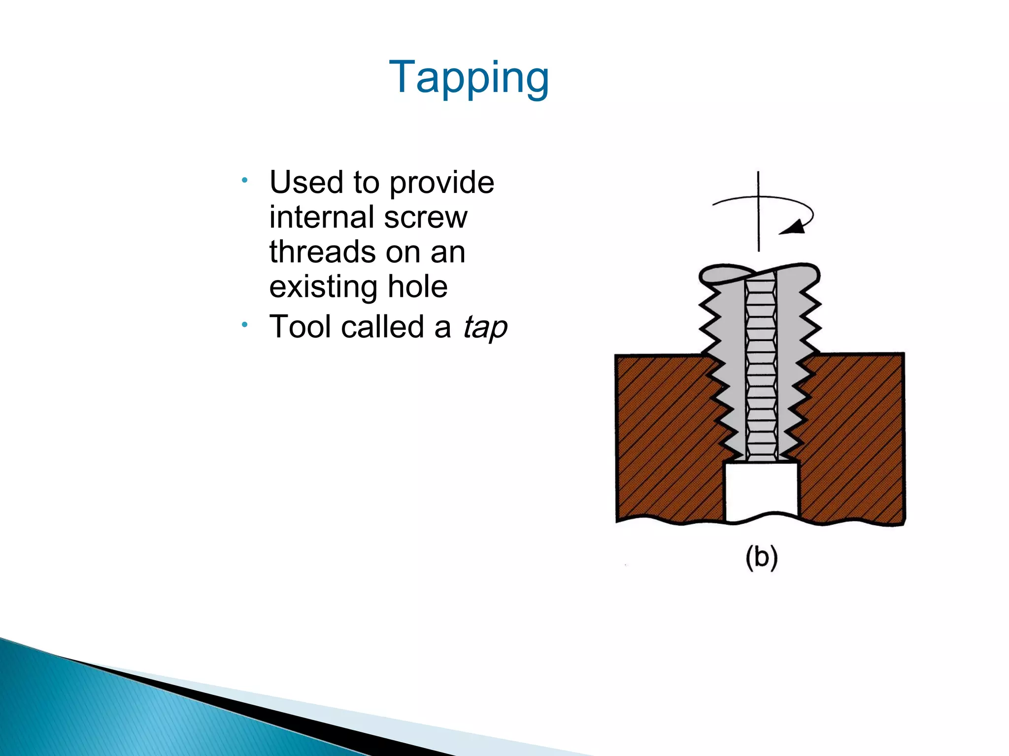 Tapping
•

•

Used to provide
internal screw
threads on an
existing hole
Tool called a tap

 