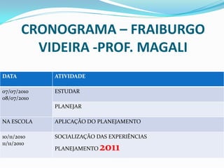 CRONOGRAMA – FRAIBURGO
          VIDEIRA -PROF. MAGALI
DATA         ATIVIDADE

07/07/2010   ESTUDAR
08/07/2010
             PLANEJAR

NA ESCOLA    APLICAÇÃO DO PLANEJAMENTO

10/11/2010   SOCIALIZAÇÃO DAS EXPERIÊNCIAS
11/11/2010
             PLANEJAMENTO   2011
 