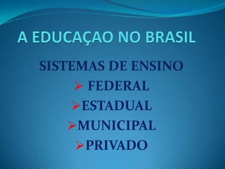 SISTEMAS DE ENSINO
      FEDERAL
    ESTADUAL
    MUNICIPAL
     PRIVADO
 