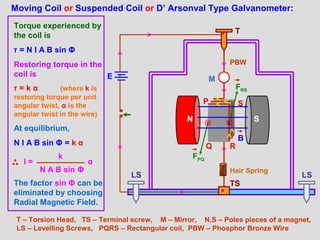 PBW
P S
Q R
Moving Coil or Suspended Coil or D’ Arsonval Type Galvanometer:
N Sx
T
E
T – Torsion Head, TS – Terminal screw, M – Mirror, N,S – Poles pieces of a magnet,
LS – Levelling Screws, PQRS – Rectangular coil, PBW – Phosphor Bronze Wire
LS LS
B
Torque experienced by
the coil is
‫ז‬ = N I A B sin Φ
Restoring torque in the
coil is
‫ז‬ = k α (where k is
restoring torque per unit
angular twist, α is the
angular twist in the wire)
At equilibrium,
N I A B sin Φ = k α
I =
k
N A B sin Φ
α
The factor sin Φ can be
eliminated by choosing
Radial Magnetic Field.
M
Hair Spring
TS
FRS
FPQ
 