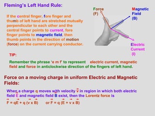 Fleming’s Left Hand Rule:
Force
(F)
Magnetic
Field
(B)
Electric
Current
(I)
If the central finger, fore finger and
thumb of left hand are stretched mutually
perpendicular to each other and the
central finger points to current, fore
finger points to magnetic field, then
thumb points in the direction of motion
(force) on the current carrying conductor.
TIP:
Remember the phrase ‘e m f’ to represent electric current, magnetic
field and force in anticlockwise direction of the fingers of left hand.
Force on a moving charge in uniform Electric and Magnetic
Fields:
When a charge q moves with velocity v in region in which both electric
field E and magnetic field B exist, then the Lorentz force is
F = qE + q (v x B) or F = q (E + v x B)
 