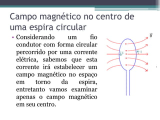 Campo magnético no centro de
uma espira circular
• Considerando
um
fio
condutor com forma circular
percorrido por uma corrente
elétrica, sabemos que esta
corrente irá estabelecer um
campo magnético no espaço
em
torno
da
espira,
entretanto vamos examinar
apenas o campo magnético
em seu centro.

 