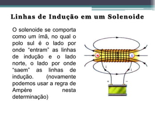 Linhas de Indução em um Solenoide
O solenoide se comporta
como um ímã, no qual o
polo sul é o lado por
onde “entram” as linhas
de indução e o lado
norte, o lado por onde
“saem” as linhas de
indução.
(novamente
podemos usar a regra de
Ampère
nesta
determinação)

N

S

 