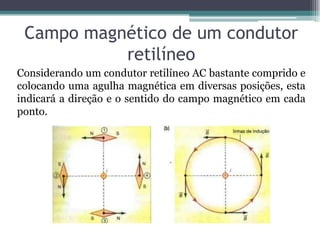 Campo magnético de um condutor
retilíneo
Considerando um condutor retilíneo AC bastante comprido e
colocando uma agulha magnética em diversas posições, esta
indicará a direção e o sentido do campo magnético em cada
ponto.

 