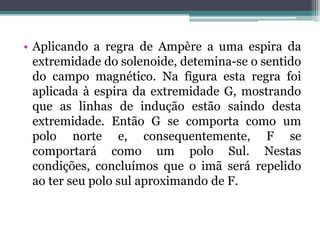 • Aplicando a regra de Ampère a uma espira da
extremidade do solenoide, detemina-se o sentido
do campo magnético. Na figura esta regra foi
aplicada à espira da extremidade G, mostrando
que as linhas de indução estão saindo desta
extremidade. Então G se comporta como um
polo norte e, consequentemente, F se
comportará como um polo Sul. Nestas
condições, concluímos que o imã será repelido
ao ter seu polo sul aproximando de F.

 