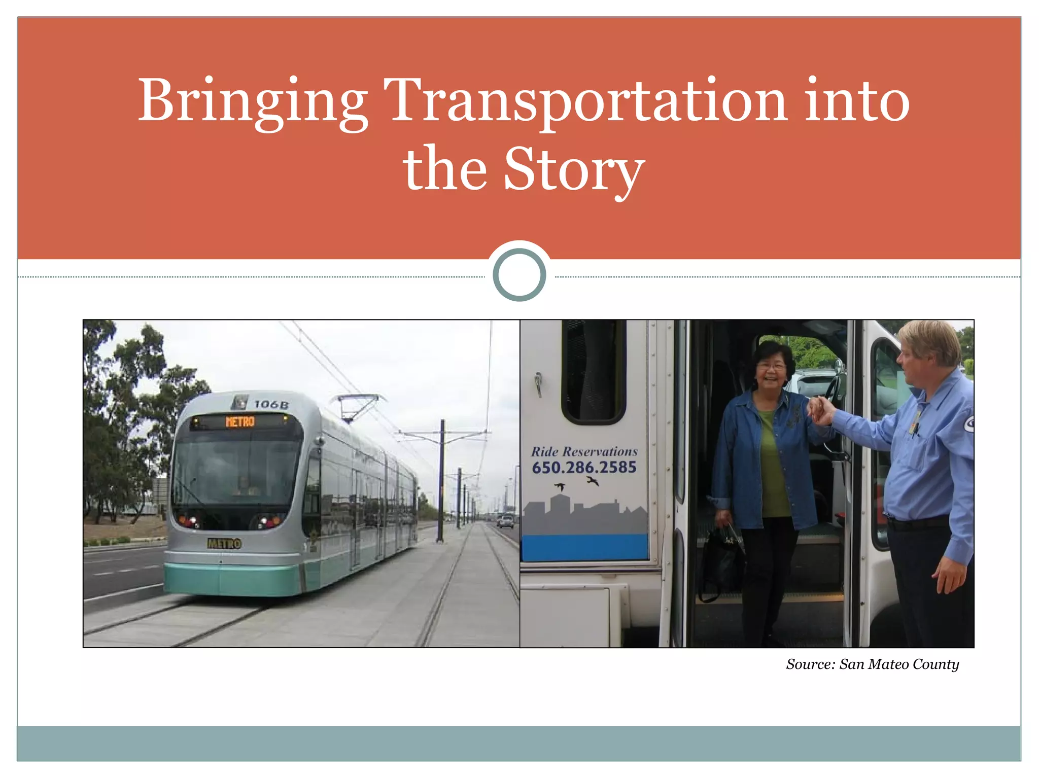 Bringing Transportation into
         the Story




                       Source: San Mateo County
 