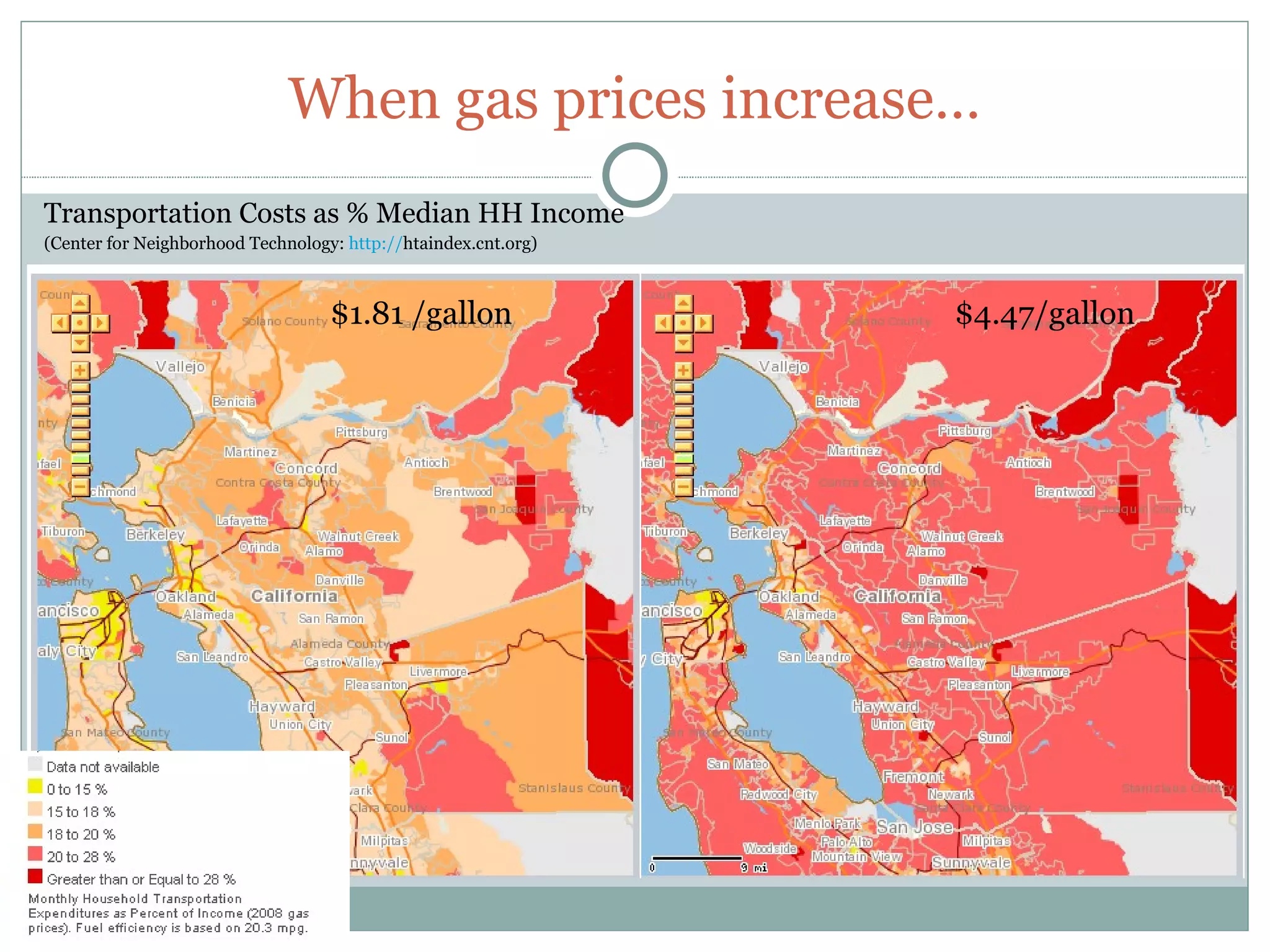 When gas prices increase…
Transportation Costs as % Median HH Income
(Center for Neighborhood Technology: http://htaindex.cnt.org)



                                   $1.81 /gallon                $4.47/gallon
 