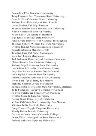 Jacqueline Pike Duquesne University
Tony Pittarese East Tennessee State University
Jennifer Pitts Columbus State University
Richard Platt University of West Florida
Larisa Preiser Cal Poly, Pomona
Michelle Ramim Nova Southeastern University
Alison Rampersad Lynn University
Ralph Reilly University of Hartford
Wes Rhea Kennesaw State University
Julio Rivera University of Alabama, Birmingham
Th omas Roberts William Patterson University
Cynthia Ruppel Nova Southeastern University
Russell Sabadosa Manchester CC
Tom Sandman Cal State, Sacramento
Kala Seal Loyola Marymount
Tod Sedbrook University of Northern Colorado
Elaine Seeman East Carolina University
Richard Segall Arkansas State University
Lee Sellers EOU—Mt. Hood Metro Center
Judy Ann Serwatka Purdue, North Central
John Seydel Arkansas State University
Jollean Sinclaire Arkansas State University
Vivek Shah Texas State, San Marcos
Mehrdad Sharbaf Loyola Marymount
Suengjae Shin Mississippi State University, Meridian
Todd Stabenow Hawkeye Community College
Jo Lynne Stalnaker University of Wyoming
Cynthia Stone Indiana University
Nathan Stout University of Oklahoma
Yi Sun California State University, San Marcos
Winston Tellis Fairfi eld University
Doug Francis Tuggle Chapman University
Wendy Urban Temple University
Darlene de Vida Lower Columbia College
James Villars Metropolitan State University
Padmal Vitharana Syracuse University
 