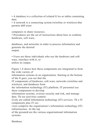 • A database is a collection of related fi les or tables containing
data.
• A network is a connecting system (wireline or wireless) that
permits diff erent
computers to share resources.
• Procedures are the set of instructions about how to combine
hardware, soft ware,
databases, and networks in order to process information and
generate the desired
output.
• Users are those individuals who use the hardware and soft
ware, interface with it, or
utilize its output.
Figure 1.4 shows how these components are integrated to form
the wide variety of
information systems in an organization. Starting at the bottom
of the fi gure, you see that the
IT components of hardware, soft ware, networks (wireline and
wireless), and databases form
the information technology (IT) platform. IT personnel use
these components to develop
information systems, oversee security and risk, and manage
data. Th ese activities cumula-
tively are called information technology (IT) services. Th e IT
components plus IT ser-
vices comprise the organization’s information technology (IT)
infrastructure. At the top
of the pyramid are the various organizational information
systems.
Database
 