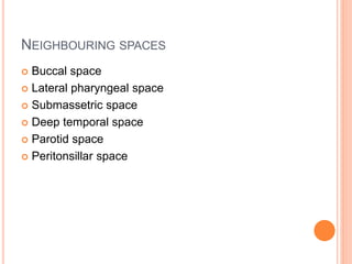 NEIGHBOURING SPACES
 Buccal space
 Lateral pharyngeal space
 Submassetric space
 Deep temporal space
 Parotid space
 Peritonsillar space
 