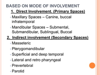 BASED ON MODE OF INVOLVEMENT
1. Direct Involvement. (Primary Spaces)
 Maxillary Spaces – Canine, buccal
infratemporal
 Mandibular Spaces – Submental,
Submandibular, Sublingual, Buccal
2. Indirect involvement (Secondary Spaces)
 Masseteric
 Pterygomandibular
 Superficial and deep temporal
 Lateral and retro pharyngeal
 Prevertebral
 Parotid
 