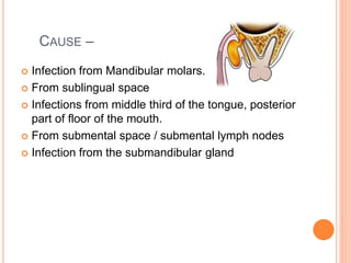 CAUSE –
 Infection from Mandibular molars.
 From sublingual space
 Infections from middle third of the tongue, posterior
part of floor of the mouth.
 From submental space / submental lymph nodes
 Infection from the submandibular gland
 