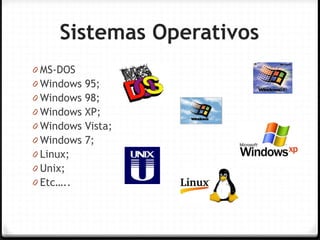 Sistemas Operativos 
0MS-DOS 
0Windows 95; 
0Windows 98; 
0Windows XP; 
0Windows Vista; 
0Windows 7; 
0Linux; 
0Unix; 
0Etc…..  