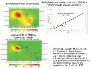 Profundidade ótica de aerossóis
Relação entre material particulado (PM10) e
Profundidade ótica de aerossóis
Mapeamento de Material
Particulado (PM10)
Othman, N., MatJafri, M.Z., Lim, H.S.
and Abdullah, K., 2009, August.
Retrieval of aerosol optical thickness
(AOT) and its relationship to air
pollution particulate matter (PM10). In
2009 Sixth International Conference on
Computer Graphics, Imaging and
Visualization (pp. 516-519). IEEE.
 