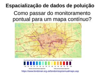 Espacialização de dados de poluição
https://www.londonair.org.uk/london/asp/annualmaps.asp
Como passar do monitoramento
pontual para um mapa contínuo?
 