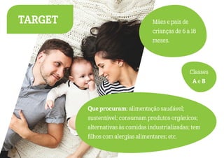 TARGET Mães e pais de
crianças de 6 a 18
meses.
Que procuram: alimentação saudável;
sustentável; consumam produtos orgânicos;
alternativas às comidas industrializadas; tem
filhos com alergias alimentares; etc.
Classes
A e B
 