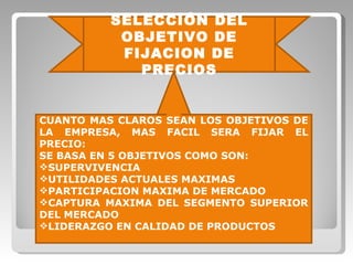 SELECCIÓN DEL OBJETIVO DE FIJACION DE PRECIOS CUANTO MAS CLAROS SEAN LOS OBJETIVOS DE LA EMPRESA, MAS FACIL SERA FIJAR EL PRECIO: SE BASA EN 5 OBJETIVOS COMO SON: SUPERVIVENCIA UTILIDADES ACTUALES MAXIMAS PARTICIPACION MAXIMA DE MERCADO CAPTURA MAXIMA DEL SEGMENTO SUPERIOR DEL MERCADO LIDERAZGO EN CALIDAD DE PRODUCTOS 