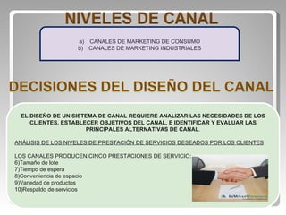 CANALES DE MARKETING DE CONSUMO CANALES DE MARKETING INDUSTRIALES EL DISEÑO DE UN SISTEMA DE CANAL REQUIERE ANALIZAR LAS NECESIDADES DE LOS CLIENTES, ESTABLECER OBJETIVOS DEL CANAL, E IDENTIFICAR Y EVALUAR LAS PRINCIPALES ALTERNATIVAS DE CANAL . ANÁLISIS DE LOS NIVELES DE PRESTACIÓN DE SERVICIOS DESEADOS POR LOS CLIENTES LOS CANALES PRODUCEN CINCO PRESTACIONES DE SERVICIO: Tamaño de lote Tiempo de espera  Conveniencia de espacio Variedad de productos Respaldo de servicios 