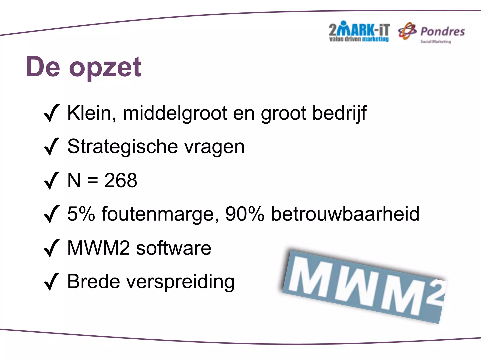 De opzet
 ✓ Klein, middelgroot en groot bedrijf
 ✓ Strategische vragen
 ✓ N = 268
 ✓ 5% foutenmarge, 90% betrouwbaarheid
 ✓ MWM2 software
 ✓ Brede verspreiding
 