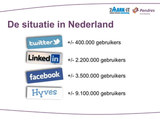 De situatie in Nederland
             +/- 400.000 gebruikers


             +/- 2.200.000 gebruikers

             +/- 3.500.000 gebruikers


             +/- 9.100.000 gebruikers
 