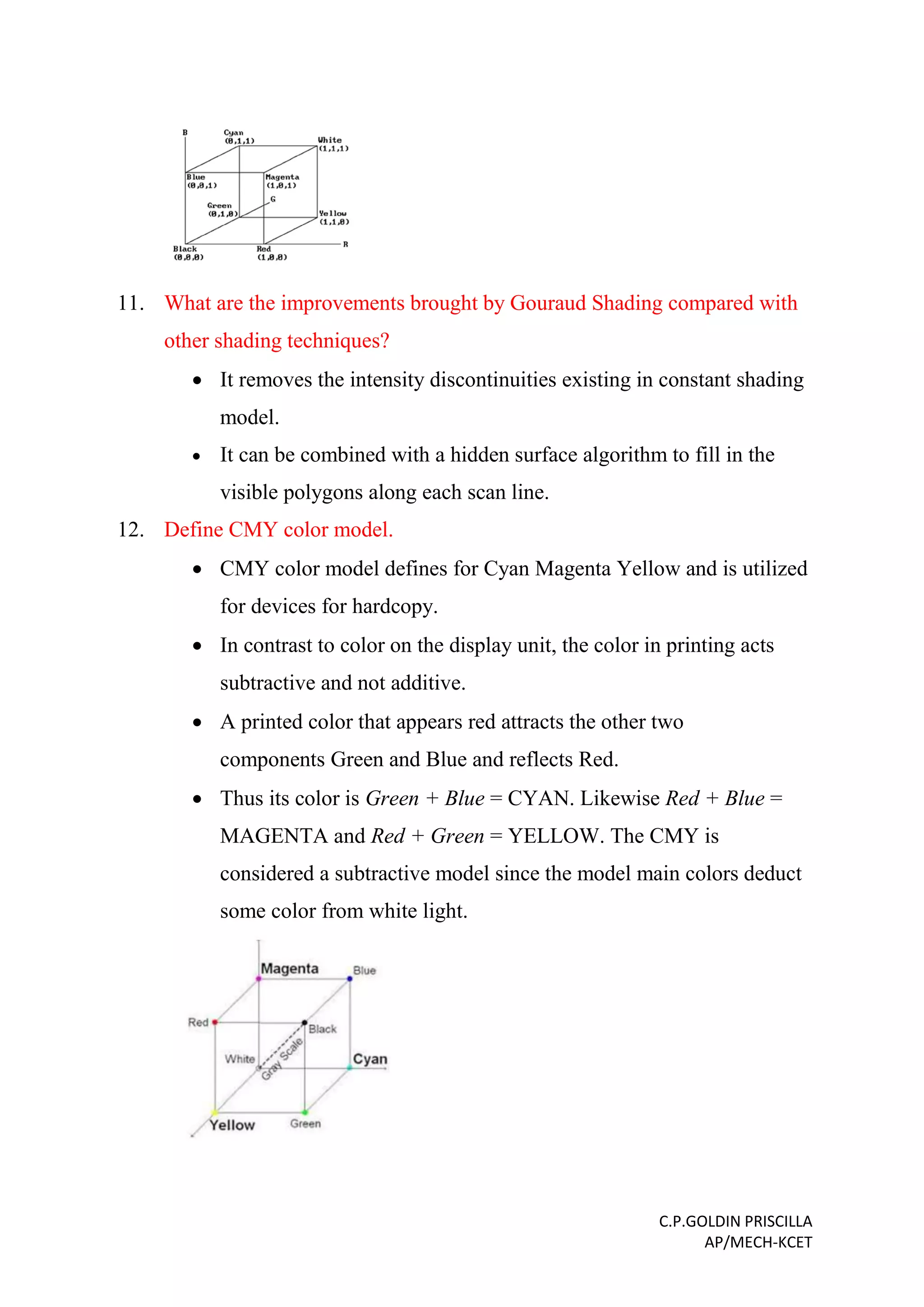C.P.GOLDIN PRISCILLA
AP/MECH-KCET
11. What are the improvements brought by Gouraud Shading compared with
other shading techniques?
 It removes the intensity discontinuities existing in constant shading
model.
 It can be combined with a hidden surface algorithm to fill in the
visible polygons along each scan line.
12. Define CMY color model.
 CMY color model defines for Cyan Magenta Yellow and is utilized
for devices for hardcopy.
 In contrast to color on the display unit, the color in printing acts
subtractive and not additive.
 A printed color that appears red attracts the other two
components Green and Blue and reflects Red.
 Thus its color is Green + Blue = CYAN. Likewise Red + Blue =
MAGENTA and Red + Green = YELLOW. The CMY is
considered a subtractive model since the model main colors deduct
some color from white light.
 