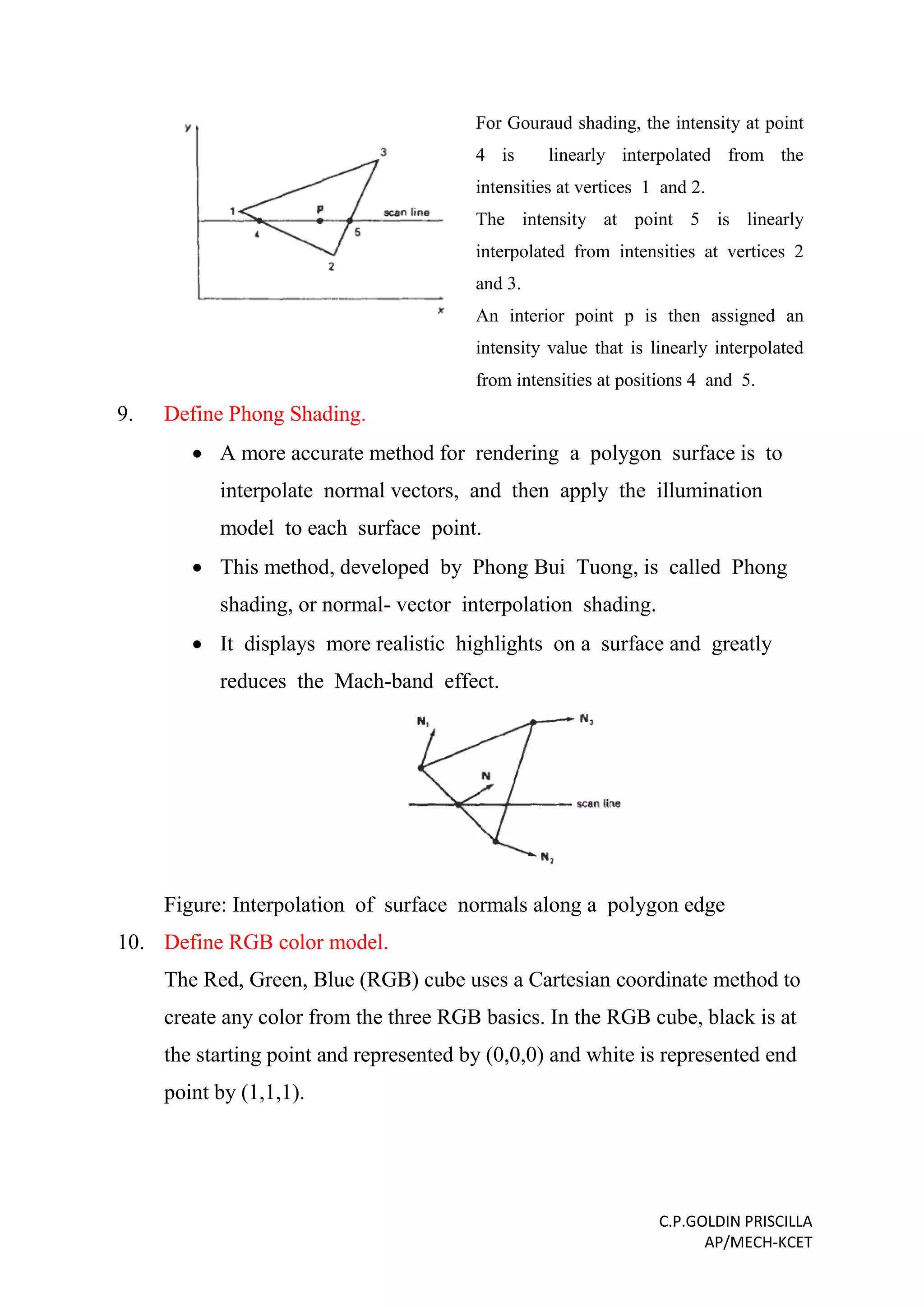 C.P.GOLDIN PRISCILLA
AP/MECH-KCET
For Gouraud shading, the intensity at point
4 is linearly interpolated from the
intensities at vertices 1 and 2.
The intensity at point 5 is linearly
interpolated from intensities at vertices 2
and 3.
An interior point p is then assigned an
intensity value that is linearly interpolated
from intensities at positions 4 and 5.
9. Define Phong Shading.
 A more accurate method for rendering a polygon surface is to
interpolate normal vectors, and then apply the illumination
model to each surface point.
 This method, developed by Phong Bui Tuong, is called Phong
shading, or normal- vector interpolation shading.
 It displays more realistic highlights on a surface and greatly
reduces the Mach-band effect.
Figure: Interpolation of surface normals along a polygon edge
10. Define RGB color model.
The Red, Green, Blue (RGB) cube uses a Cartesian coordinate method to
create any color from the three RGB basics. In the RGB cube, black is at
the starting point and represented by (0,0,0) and white is represented end
point by (1,1,1).
 