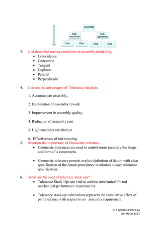 C.P.GOLDIN PRISCILLA
AP/MECH-KCET
3. List down the mating conditions in assembly modelling.
 Coincidence
 Concentric
 Tangent
 Coplanar
 Parallel
 Perpendicular
4. List out the advantages of Tolerance Analysis.
1. Accurate part assembly.
2. Elimination of assembly rework
3. Improvement in assembly quality.
4. Reduction of assembly cost.
5. High customer satisfaction.
6. Effectiveness of out-sourcing.
5. Mention the importance of Geometric tolerance.
 Geometric tolerances are used to control more precisely the shape
and form of a component.
 Geometric tolerance permits explicit definition of datum with clear
specification of the datum precedence in relation to each tolerance
specification.
6. What are the uses of tolerance stack ups?
 Tolerance Stack-Ups are vital to address mechanical fit and
mechanical performance requirements.
 Tolerance stack-up calculations represent the cumulative effect of
part tolerance with respect to an assembly requirement.
 