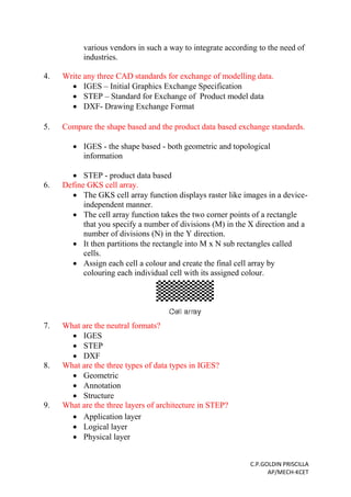 C.P.GOLDIN PRISCILLA
AP/MECH-KCET
various vendors in such a way to integrate according to the need of
industries.
4. Write any three CAD standards for exchange of modelling data.
 IGES – Initial Graphics Exchange Specification
 STEP – Standard for Exchange of Product model data
 DXF- Drawing Exchange Format
5. Compare the shape based and the product data based exchange standards.
 IGES - the shape based - both geometric and topological
information
 STEP - product data based
6. Define GKS cell array.
 The GKS cell array function displays raster like images in a device-
independent manner.
 The cell array function takes the two corner points of a rectangle
that you specify a number of divisions (M) in the X direction and a
number of divisions (N) in the Y direction.
 It then partitions the rectangle into M x N sub rectangles called
cells.
 Assign each cell a colour and create the final cell array by
colouring each individual cell with its assigned colour.
7. What are the neutral formats?
 IGES
 STEP
 DXF
8. What are the three types of data types in IGES?
 Geometric
 Annotation
 Structure
9. What are the three layers of architecture in STEP?
 Application layer
 Logical layer
 Physical layer
 