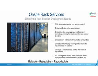 Confidential
Onsite Rack Services
9/20/2023 Better Faster Greener™ © 2023 Supermicro
20
Simplifying Your Solution Deployment Needs
• White glove custom service from beginning to end
• Onsite rack & stack of the custom solution
• Onsite integration ensuring proper installation and
connectivity, providing for reliable operation and reduced
downtime
• Onsite software installation with application configurations
• Onsite benchmark testing ensuring solution meets the
requirements of the customer
• Delivery of a customized rack solution that meets all
requirements
• SMC Cooling tower product line is available to enable
facility level water connections for CDU/CDM/RDHX
Reliable – Repeatable – Reproducible
 