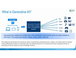 Confidential
9/20/2023 Better Faster Greener™ © 2023 Supermicro
5
Text
Image
Audio
Video
Games
Text/ Voice prompt
Generative AI models
(also Large Language
LLM, or Foundational
Models)
User Input
What is Generative AI?
Generative AI models are models that, when receiving a text prompt, give an output related to
that input. The output can be text, image, audio, video, code etc.
The ability for generative AI to produce useful, impressively synthesized text, images, and other types of content
almost effortlessly based on a few text cues has already become an important business capability worthy of
providing immense value to most knowledge workers
 