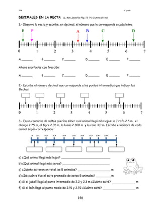 JPM 6° grado
146
DECIMALES EN LA RECTA (L. Mat_Desafíos Pág. 73-74) Ilumina al final
1.- Observa la recta y escribe, en decimal, el número que le corresponde a cada letra:
A ______ B ______ C ______ D ______ E ______ F ______
Ahora escríbelos con fracción:
A ______ B ______ C ______ D ______ E ______ F ______
2.- Escribe el número decimal que corresponde a los puntos intermedios que indican las
flechas
3.- En un concurso de saltos querían saber cual animal llegó más lejos: la Jirafa 2.5 m, el
chango 2.75 m, el tigre 2.05 m, la hiena 2.300 m y la rana 3.0 m. Escribe el nombre de cada
animal según corresponda:
a) ¿Qué animal llegó más lejos? ___________________________
b) ¿Qué animal llegó más cerca? __________________________
c) ¿Cuánto saltaron en total los 5 animales? __________________ m
d) ¿De cuánto fue el salto promedio de estos 5 animales? ________ m
e) Si el jabalí llegó al punto intermedio de 2.2 y 2.3 m ¿Cuánto saltó? _____________ m
f) Si el león llegó al punto medio de 2.91 y 2.92 ¿Cuánto saltó? __________________ m
 