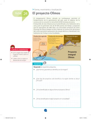 112
Ficha
Iniciemos
Responde las siguientes preguntas.
• ¿Qué formas geométricas identificas en la imagen?
• ¿Este tipo de proyectos solo beneficia a la región donde se ubica?
¿Por qué?
• ¿Te ha beneficiado en alguna forma el proyecto Olmos?
• ¿Te has beneficiado en algún proyecto en tu localidad?
• ¿En tu región hay canales de
irrigación? Indica cuál es su
utilidad.
• ¿Sabes cómo tu región es
abastecida de energía?
El megaproyecto Olmos, ubicado en Lambayeque, permitirá el
fortalecimiento de la agroindustria del país, pues el objetivo de la
construcción es convertir en tierra fértil 38 000 hectáreas de arena.
El desarrollo de esta infraestructura ha beneficiado a los habitantes de la
zona, pues ha generado más de 40 000 puestos de trabajo y propiciará
que los agricultores de Valle Viejo y la comunidad campesina de Santo
Domingo de Olmos trabajen la tierra. Además, la construcción de la presa
del Limón permitirá la generación de energía eléctrica y beneficiará a los
habitantes de Chiclayo y otras localidades.
El proyecto Olmos
Forma, movimiento y localización
24
Cuenta tu experiencia
Proyecto
integral
Olmos
Producción agrícola Producción de energía Trasvase de agua
Conducto Norte
Conducto Central
Conducto Sur
Central Hidroeléctrica N.º 1
Salto bruto 404 m
Central Hidroeléctrica N.º 2
Salto bruto 472 m
Embalse Limón
V: 44 mmc hm3
Tunel Trasandino
L: 19,3 km D: 4,8 m
Objeto
de la IP
Conmutador 1104 m. s. n. m.
Olmos
Río Huancabamba
Conducto Norte
Conducto Central
Conducto Sur
228 m. s. n. m.
Río Olmos Qda Lajas
Túnel D-1
L: 3,71 km 1160 m. s. n. m.
Tierras a
incorporar
MALICI2CT-U3.indd 112 5/25/16 7:25 AM
 