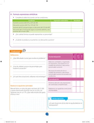 123
		
		
Finalicemos
Metacognición
¿En qué situaciones de la vida me ayuda elaborar un
presupuesto?
Reflexiona
•
• ¿Qué dificultades tuviste para resolver el problema?
________________________________________
________________________________________
•
• ¿Fue de utilidad conocer de porcentajes para
resolver la situación?
________________________________________
________________________________________
•
• ¿En qué otras situaciones utilizarías esta estrategia?
________________________________________
________________________________________
Realiza la siguiente actividad
Manuel tiene un rubro de gasto necesario de S/ 200,
y quiere disminuirlo el primer mes en un 8 %, y el
siguiente mes en un 5 %. ¿Qué valor tendrá este gasto
el tercer mes?
4. Formulo expresiones simbólicas
•
• Completa la tabla de acuerdo con las condiciones.
Condición Expresión matemática Resultado
Aumento sucesivo del 20 % y 30 % de 300.
Descuento sucesivo del 5 % y 10 % de 150.
Aumento del 45 % al que le sigue un descuento del 10 % de 600.
Descuento del 15 % al que les sigue un aumento del 8 % y otro
aumento del 10 % de 1000.
•
• ¿De cuántas formas se puede representar un porcentaje?
_______________________________________________________________________________________
•
• ¿Cuándo se produce un aumento o un descuento sucesivo?
_______________________________________________________________________________________
_______________________________________________________________________________________
Autoevaluación
Debo
esforzarme
Lo
estoy
logrando
Lo
logré
Relaciono cantidades y magnitudes
en situaciones, y las expreso en un
modelo de aumentos y descuentos
porcentuales sucesivos.
Reconozco la restricción de un
modelo de aumentos y descuentos
porcentuales sucesivos de acuerdo con
condiciones.
Coevaluación
Ponemos atención a las exposiciones
de nuestros(as) compañeros(as).
Realizamos con agrado las correcciones
recomendadas.
MALICI2CT-U4.indd 123 5/23/16 6:43 PM
 