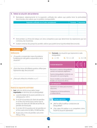 159
5. Valido la solución del problema
•
• Reemplacen aleatoriamente en la expresión unificada dos valores que podría tener la profundidad
desconocida y dos valores que no podrían corresponderle.
Expresión unificada con el valor reemplazado Correcta Incorrecta
•
• Intercambien sus fichas de trabajo con otros compañeros para que determinen las expresiones que son
correctas y las incorrectas.
•
• Evalúen entre las dos parejas los posibles valores que puede tomar la profundidad desconocida.
		
Finalicemos
Metacognición
•
• ¿Me fue difícil codificar condiciones de
desigualdad?
•
• ¿Soy capaz de explicar a un compañero cómo
resolví la situación planteada?
Reflexiona
•
• ¿Te ayudó a comprender mejor el problema
la elaboración del gráfico esquemático de la
situación?
________________________________________
________________________________________
•
• ¿Qué otras letras del alfabeto podrías utilizar para
representar algo desconocido?
________________________________________
________________________________________
•
• ¿Para qué utilizas los símbolos > y <?
________________________________________
________________________________________
Realiza la siguiente actividad
1. Lee cada uno de los enunciados; luego
exprésalos en términos de una desigualdad.
a. La profundidad de los pozos petroleros no
sobrepasa los 120 m.
b. En el 2014, la producción diaria de petróleo
en el Perú fue treinta veces menor que la
producción diaria de 300 000 de barriles de
petróleo de Venezuela.
c. En el año 2014, la producción de petróleo en
el Perú varió entre 62 000 y 70 000 barriles.
d. El peso de un litro de petróleo varía entre
950 g y 750 g.
2. Formula una situación que represente a cada
desigualdad.
a. x > 50 b. 12 > x > 28 c. 5x < 48
Autoevaluación
Debo
esforzarme
Lo
estoy
logrando
Lo
logré
Reconozco y expreso desigualdades
usando una expresión algebraica.
Expreso desigualdades mediante una
inecuación con una incógnita.
Asocio modelos a unas inecuaciones
lineales con situaciones afines.
Coevaluación
Aportamos con ideas para encontrar
soluciones.
Trabajamos en forma autónoma
e independiente.
MALICI2CT-U5.indd 159 5/26/16 7:20 PM
 