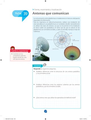 180
Ficha
Iniciemos
La comunicación entre plataformas e instalaciones en tierra es vital para la
seguridad y la información.
Para los ingenieros en telecomunicaciones, realizar una instalación de
esta naturaleza en una plataforma es un verdadero desafío. Generalmente
se utilizan dos tipos de antenas. Las que se encuentran en la instalación
en tierra suelen ser parabólicas, en tanto que las que se ubican en las
plataformas son omnidireccionales, y cada una de ellas maneja un tipo de
cobertura.
Forma, movimiento y localización
Responde las siguientes preguntas.
• Establece diferencias entre la estructura de una antena parabólica
y una omnidireccional.
• Establece diferencias entre los espacios cubiertos por las antenas
parabólicas y por las omnidireccionales.
• ¿Qué antena crees que utilizan las operadoras de telefonía móvil?
• Comenta con tus
compañeros sobre los
lugares donde has visto
este tipo de antenas.
Antenas que comunican
39
Cuenta tu experiencia
21 dBi
Lóbulo principal
Lóbulo del lado
Lóbulo trasero
Lóbulo trasero
10 dBi
0 dBi
MALICI2CT-U5.indd 180 5/26/16 7:20 PM
 