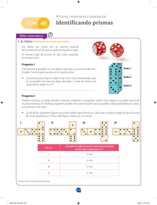 212
Ficha
		
Taller matemático
Forma, movimiento y localización
Identificando prismas
1. A. Dados (Problemas de traducción simple)
Los dados son cubos con un sistema especial
de numeración en los que se aplica la siguiente regla:
El número total de puntos en dos caras opuestas
es siempre siete.
46
Pregunta 1
A la derecha se pueden ver tres dados colocados uno encima del otro.
El dado 1 tiene cuatro puntos en la cara de arriba.
•
• ¿Cuántos puntos hay en total en las cinco caras horizontales que
no se pueden ver (cara de abajo del dado 1, caras de arriba y de
abajo de los dados 2 y 3)?
______________________________________________________
Pregunta 2
Puedes construir un dado sencillo cortando, doblando y pegando cartón. Estos dados se pueden hacer de
muchas maneras. En el dibujo siguiente puedes ver cuatro recortes que se pueden utilizar para elaborar cubos,
con puntos en las caras.
•
• ¿Cuál de las siguientes figuras se puede doblar para formar un cubo que cumpla la regla de que la suma
de caras opuestas es 7? Para cada figura, rodea con un círculo.
Fuente: http://www.mecd.gob.es/inee
Forma
¿Cumple la regla de que la suma de los puntos
de las caras opuestas es 7?
I Sí / No
II Sí / No
III Sí / No
IV Sí / No
Dado 1
Dado 2
Dado 3
I II III IV
MALICI2CT-U6.indd 212 5/23/16 6:47 PM
 
