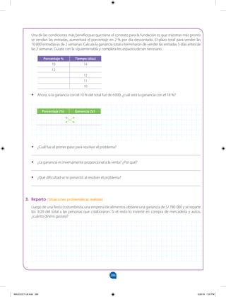 286
		
Una de las condiciones más beneficiosas que tiene el contrato para la fundación es que mientras más pronto
se vendan las entradas, aumentará el porcentaje en 2 % por día descontado. El plazo total para vender las
10 000 entradas es de 2 semanas. Calcula la ganancia total si terminaron de vender las entradas 5 días antes de
las 2 semanas. Guíate con la siguiente tabla y completa los espacios de ser necesario.
Porcentaje % Tiempo (días)
10 14
12
12
11
10
•
• Ahora, si la ganancia con el 10 % del total fue de 6000, ¿cuál será la ganancia con el 18 %?
•
• ¿Cuál fue el primer paso para resolver el problema?
_______________________________________________________________________________________
•
• ¿La ganancia es inversamente proporcional a la venta? ¿Por qué?
_______________________________________________________________________________________
•
• ¿Qué dificultad se te presentó al resolver el problema?
_______________________________________________________________________________________
3. Reparto (Situaciones problemáticas realistas)
Luego de una fiesta costumbrista, una empresa de alimentos obtiene una ganancia de S/ 780 000 y se reparte
los 3/20 del total a las personas que colaboraron. Si el resto lo invierte en compra de mercadería y autos,
¿cuánto dinero gastará?
Porcentaje (%) Ganancia (S/)
MALICI2CT-U8.indd 286 5/26/16 7:20 PM
 