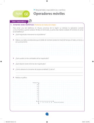 312
Ficha
		
Taller matemático
Regularidad, equivalencia y cambio
Operadores móviles
68
1. Armando redes telefónicas (Problemas de traducción simple)
Para armar una red telefónica en Otuzco, provincia de la región La Libertad, la operadora contrató
a cinco hombres, quienes tardaron 48 días en terminarla. ¿Cuántos días habrían tardado 20 hombres en armar
la red telefónica?
•
• ¿Qué magnitudes intervienen en el problema?
___________________________________________________________________________________
•
• Elabora una tabla considerando que el doble de hombres tardará la mitad del tiempo; el triple, un tercio, y
así sucesivamente.
•
• ¿Qué sucede con las cantidades de las magnitudes?
___________________________________________________________________________________
•
• ¿Qué relación existe entre las dos magnitudes?
___________________________________________________________________________________
•
• ¿Cómo obtienes la constante de proporcionalidad? ¿Cuál es?
___________________________________________________________________________________
___________________________________________________________________________________
•
• Realiza un gráfico.
48
42
36
30
24
18
12
6
5 10 15 20 25 30
0
Tiempo (d)
Número de hombres
MALICI2CT-U9.indd 312 5/23/16 6:52 PM
 