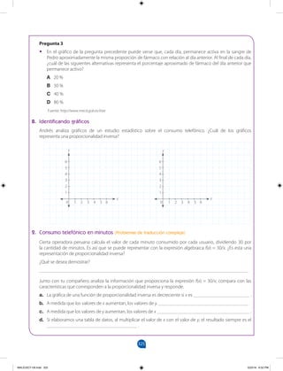 325
		
Pregunta 3
•
• En el gráfico de la pregunta precedente puede verse que, cada día, permanece activa en la sangre de
Pedro aproximadamente la misma proporción de fármaco con relación al día anterior. Al final de cada día,
¿cuál de las siguientes alternativas representa el porcentaje aproximado de fármaco del día anterior que
permanece activo?
A 20 %
B 30 %
C 40 %
D 80 %
Fuente: http://www.mecd.gob.es/inee
B. Identificando gráficos
Andrés analiza gráficos de un estudio estadístico sobre el consumo telefónico. ¿Cuál de los gráficos
representa una proporcionalidad inversa?
0 1 2 3 4 5 6 0 1 2 3 4 5 6
6
5
4
3
2
1
6
5
4
3
2
1
2. Consumo telefónico en minutos (Problemas de traducción compleja)
Cierta operadora peruana calcula el valor de cada minuto consumido por cada usuario, dividiendo 30 por
la cantidad de minutos. Es así que se puede representar con la expresión algebraica f(x) = 30/x. ¿Es esta una
representación de proporcionalidad inversa?
¿Qué se desea demostrar?
______________________________________________________________________________________
Junto con tu compañero analiza la información que proporciona la expresión f(x) = 30/x; compara con las
características que corresponden a la proporcionalidad inversa y responde.
a. La gráfica de una función de proporcionalidad inversa es decreciente si x es _______________________ .
b. A medida que los valores de x aumentan, los valores de y _____________________________________ .
c. A medida que los valores de y aumentan, los valores de x ______________________________________ .
d. Si elaboramos una tabla de datos, al multiplicar el valor de x con el valor de y, el resultado siempre es el
_____________________________________ .
Y Y
X X
MALICI2CT-U9.indd 325 5/23/16 6:52 PM
 