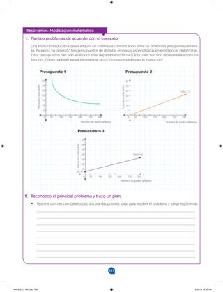 333
		
1. Planteo problemas de acuerdo con el contexto
Una institución educativa desea adquirir un sistema de comunicación entre los profesores y los padres de fami-
lia. Para esto, ha obtenido tres presupuestos de distintas empresas especializadas en este tipo de plataformas.
Estos presupuestos han sido analizados en el departamento técnico, los cuales han sido representados con una
función. ¿Cómo podría el asesor recomendar la opción más rentable para la institución?
2. Reconozco el principal problema y trazo un plan
•
• Reúnete con tres compañeros(as); discutan las posibles ideas para resolver el problema y luego regístrenlas.
___________________________________________________________________________________
___________________________________________________________________________________
___________________________________________________________________________________
___________________________________________________________________________________
___________________________________________________________________________________
___________________________________________________________________________________
___________________________________________________________________________________
___________________________________________________________________________________
Resolvamos: Modelación matemática
35
0 50 100 150 200 250 300 0 50 100 150 200 250 300
0 50 100 150 200 250 300
35
30
25
20
15
10
5
35
30
25
20
15
10
5
35
30
25
20
15
10
5
Presupuesto 1 Presupuesto 2
Presupuesto 3
Precio
por
cada
padre
Precio
por
cada
padre
Número de padres afiliados Número de padres afiliados
(300; 21)
(0; 4)
(300; 16)
Número de padres afiliados
Precio
por
cada
padre
MALICI2CT-U9.indd 333 5/23/16 6:52 PM
 