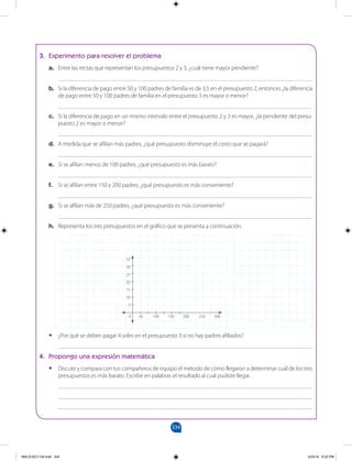 334
		
3. Experimento para resolver el problema
a. Entre las rectas que representan los presupuestos 2 y 3, ¿cuál tiene mayor pendiente?
____________________________________________________________________________________
b. Si la diferencia de pago entre 50 y 100 padres de familia es de 3,5 en el presupuesto 2, entonces ¿la diferencia
de pago entre 50 y 100 padres de familia en el presupuesto 3 es mayor o menor?
____________________________________________________________________________________
c. Si la diferencia de pago en un mismo intervalo entre el presupuesto 2 y 3 es mayor, ¿la pendiente del presu-
puesto 2 es mayor o menor?
____________________________________________________________________________________
d. A medida que se afilian más padres, ¿qué presupuesto disminuye el costo que se pagará?
____________________________________________________________________________________
e. Si se afilian menos de 100 padres, ¿qué presupuesto es más barato?
____________________________________________________________________________________
f. Si se afilian entre 150 y 200 padres, ¿qué presupuesto es más conveniente?
____________________________________________________________________________________
g. Si se afilian más de 250 padres, ¿qué presupuesto es más conveniente?
____________________________________________________________________________________
h. Representa los tres presupuestos en el gráfico que se presenta a continuación.
•
• ¿Por qué se deben pagar 4 soles en el presupuesto 3 si no hay padres afiliados?
____________________________________________________________________________________
4. Propongo una expresión matemática
•
• Discute y compara con tus compañeros de equipo el método de cómo llegaron a determinar cuál de los tres
presupuestos es más barato. Escribe en palabras el resultado al cual pudiste llegar.
____________________________________________________________________________________
____________________________________________________________________________________
____________________________________________________________________________________
0 50 100 150 200 250 300
35
30
25
20
15
10
5
MALICI2CT-U9.indd 334 5/23/16 6:52 PM
 