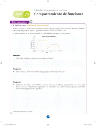 336
Ficha
		
Taller matemático
Regularidad, equivalencia y cambio
Comportamiento de funciones
74
1. A. Paseo en auto (Problemas de traducción simple)
Mónica fue a dar un paseo con su automóvil. Durante el paseo, un gato se cruzó delante del vehículo. Mónica
frenó de golpe y esquivó al gato. Ligeramente afectada, ella decidió volver a casa.
El gráfico siguiente es un registro simplificado de la velocidad del auto durante el paseo.
Pregunta 1
•
• ¿Cuál fue la velocidad máxima del auto durante el paseo?
Pregunta 2
•
• ¿Qué hora era cuando Mónica frenó de golpe para evitar atropellar al gato?
Pregunta 3
•
• ¿El camino de vuelta a casa de Mónica fue más corto que la distancia recorrida desde su casa al lugar
donde ocurrió el incidente con el gato? Da una explicación que fundamente tu respuesta utilizando la
información que proporciona el gráfico.
Fuente: http://www.mecd.gob.es/inee
9:04 9:12
9:08
9:00
0
12
Hora
Paseo en auto de Mónica
Velocidad
(km/h)
24
36
48
60
72
MALICI2CT-U9.indd 336 5/23/16 6:52 PM
 