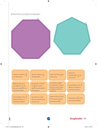 373 Desglosable 11
Recorta los polígonos regulares.
Aporta, en proteína,
3
20
de cada ración.
Ideal para personas
con diabetes.
1
16
de
peruanos padecen de
esta enfermedad.
Es equivalente a los
13
6
del arroz blanco, en
contenido proteico.
Aporta, en grasas,
7
50
de cada ración.
Una porción contiene
los
12
25
de nuestros
requerimientos diarios
de magnesio.
Se cocina en
4
7
del
tiempo necesario para
cocinar arroz.
Aporta, en fibra,
3
20
de
cada ración
Controla los niveles
de colesterol.
4
7
de las
personas que acuden
al médico sufren de
colesterol.
Según la FAO, en 2014,
Perú exportó
5
19
del
total que produjo.
Aporta, en
carbohidratos, 7
10
de
cada ración.
Es equivalente a los
13
7
del arroz integral, en
contenido proteico.
Perú produce
16
11
de los
que produce Bolivia.
LICIT_CT_PEmateDesglosables.indd 373 5/23/16 6:54 PM
 