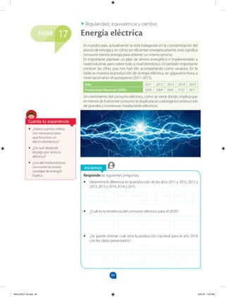 84
Ficha
Iniciemos
17
Responde las siguientes preguntas.
•
• Determina la diferencia en la producción de los años 2011 y 2012; 2012 y
2013; 2013 y 2014; 2014 y 2015.
•
• ¿Cuál es la tendencia del consumo eléctrico para el 2020?
•
• ¿Se puede estimar cuál sería la producción nacional para el año 2016
con los datos presentados?
•
• ¿Sabes cuántos voltios
son necesarios para
que funcione un
electrodoméstico?
•
• ¿De qué depende
el pago por servicio
eléctrico?
•
• ¿Los electrodomésticos
consumen la misma
cantidad de energía?
Explica.
En nuestro país, actualmente se está trabajando en la concientización del
ahorro de energía y en cómo ser eficientes energéticamente; esto significa
consumir menos energía para obtener un mismo servicio.
Es importante plantear un plan de ahorro energético e implementarlo a
nivel industrial, pero sobre todo a nivel doméstico. Es también importante
conocer las cifras que nos han ido acompañando como usuarios. En la
tabla se muestra la producción de energía eléctrica, en gigavatios-hora, a
nivel nacional en el quinquenio (2011-2015).
Año 2011 2012 2013 2014 2015
Producción Nacional (GWh) 3205 3369 3541 3721 3911
Un crecimiento del consumo eléctrico, como se viene dando, implica que
en menos de 9 años ese consumo se duplicará, lo cual exige la construcción
de grandes y numerosas instalaciones eléctricas.
Energía eléctrica
Regularidad, equivalencia y cambio
Cuenta tu experiencia
MALICI2CT-U3.indd 84 5/25/16 7:25 AM
 