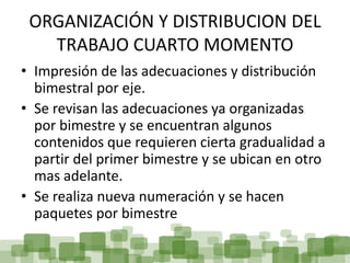ORGANIZACIÓN Y DISTRIBUCION DEL
   TRABAJO CUARTO MOMENTO
• Impresión de las adecuaciones y distribución
  bimestral por eje.
• Se revisan las adecuaciones ya organizadas
  por bimestre y se encuentran algunos
  contenidos que requieren cierta gradualidad a
  partir del primer bimestre y se ubican en otro
  mas adelante.
• Se realiza nueva numeración y se hacen
  paquetes por bimestre
 