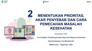 MENENTUKAN PRIORITAS,
AKAR PENYEBAB DAN CARA
PEMECAHAN MASALAH
KESEHATAN
Disampaikan Oleh:
Tim Fasilitator Puslitbang Sumber Daya dan Pelayanan Kesehatan
Pada Pembekalan Tim NS Batch XV
BBPK Ciloto - September 2020
2
 